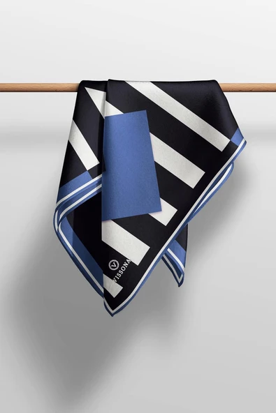 %100 Twill İpek Karo Desenli İndigo - Siyah Renkli 90x90 Eşarp Dikim Şekli : El Dikişi - Resim 3