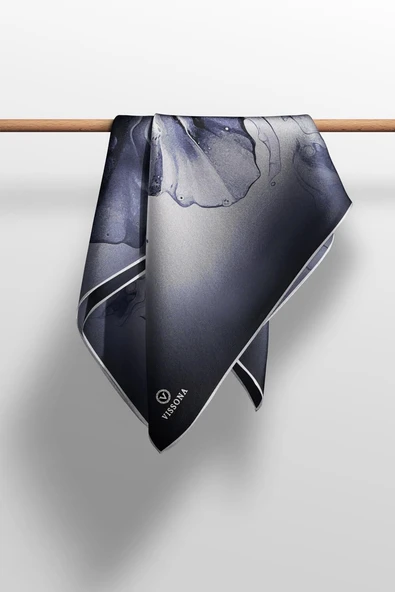 %100 Twill İpek Batik Çiçek Desenli Siyah - Gümüş Renkli 90x90 Eşarp Dikim Şekli : El Dikişi - Resim 5