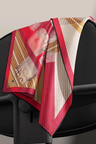 %100 Twill İpek Geometrik Desenli Bordo Renkli 90x90 Eşarp Dikim Şekli : El Dikişi - Resim 3