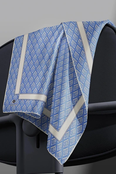 % 57 İPEK % 43 VİSKON Twill İpek Geometrik Desenli İndigo - Krem Renkli 90x90 Eşarp Dikim Şekli : El Dikişi - Resim 4