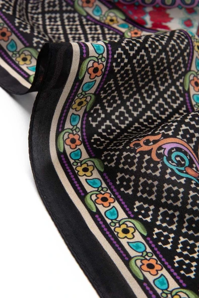 %100 İPEK ETRO DESENLİ SİYAH - MOR RENKLİ ŞAL - Resim 4