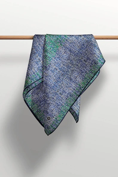 %100 Twill İpek Dokulu Desen Saks - Zümrüt Yeşili Renkli 90x90 Eşarp Kenar Dikiş Şekli El Dikişli - Resim 2