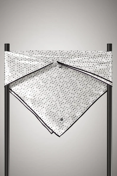 %100 Twill İpek Çıtır Motif Desenli Krem - Siyah Renkli 90x90 Eşarp Dikim Şekli : El Dikişi - Resim 3