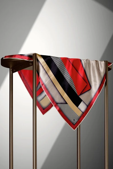 %100 Twill Renk Bloklu Çizgili Desenli Kırmızı - Bej Renkli 90x90 Eşarp Dikim Şekli: El Dikişii - Resim 3