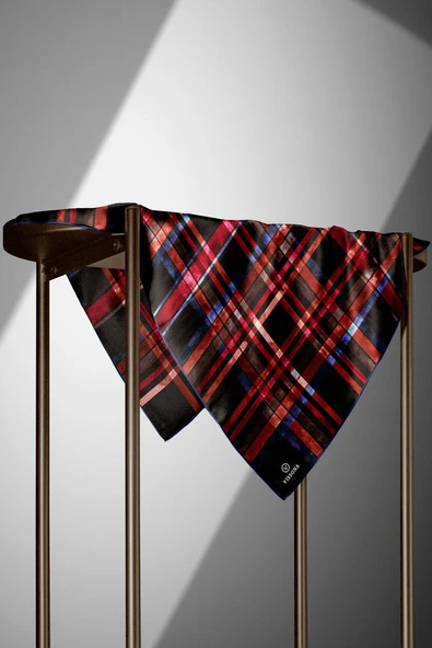 %100 Twill İpek Ekose Desenli Siyah - Kırmızı Renkli 90x90 Eşarp Kenar Dikiş Şekli El Dikişli - Resim 6