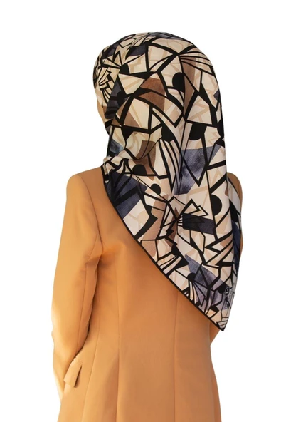 %100 Twill Renkli Petek Desenli Bej - Gri Renkli 90x90 Eşarp Dikim Şekli: El Dikişii ürün görseli