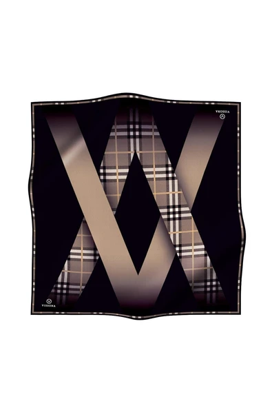 % 57 İPEK % 43 VİSKON Twill İpek Ekose Desenli Bej - Siyah Renkli 90x90 Eşarp Dikim Şekli : El Dikişi - Resim 2