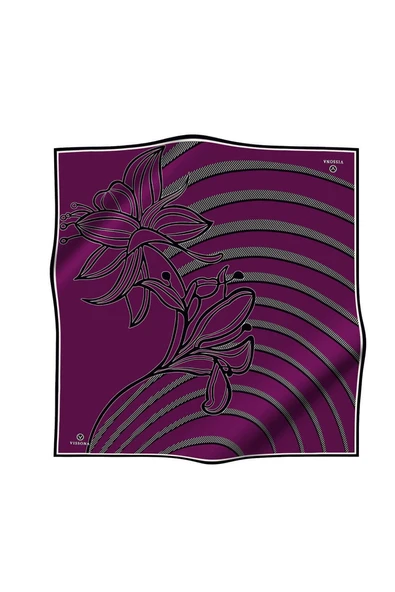 %100 Twill İpek Çizgili Çiçek Desenli Mürdüm - Siyah Renkli 90x90 Eşarp Dikim Şekli : El Dikişi - Resim 2