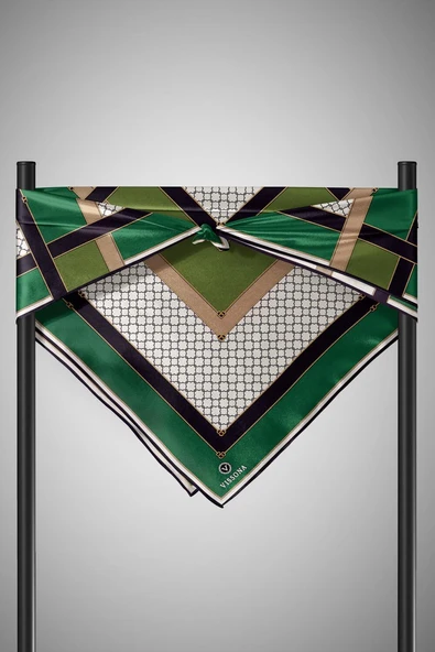 %100 Twill İpek Geometrik Desenli Zümrüt Yeşili - Siyah Renkli 90x90 Eşarp Dikim Şekli : El Dikişi - Resim 3