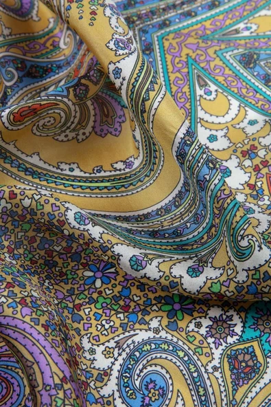 100% İpek Etro Desenli Gold - Mor Renkli 92x210 Şal - Resim 3