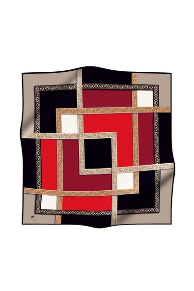 %100 Twill İpek Geometrik Desenli Kırmızı - Bej Renkli 90x90 Eşarp Dikim Şekli : El Dikişi ürün görseli 1