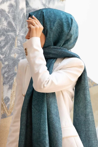 % 100 İpek Damask Desenli Petrol Yeşili Renkli 90x210 Şal ürün görseli