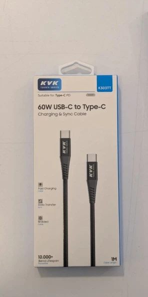 KVK 60W Örgülü Type-C To Type-C Hızlı Data/şarj Kablosu 1 Metre ürün görseli