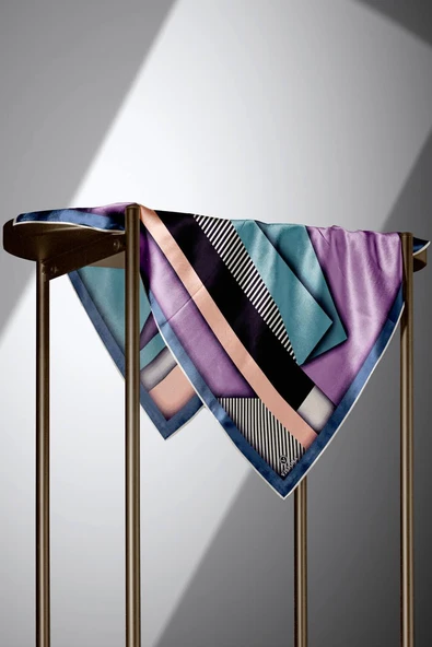 %100 Twill Renk Bloklu Çizgili Desenli Lila - İndigo Renkli 90x90 Eşarp Dikim Şekli: El Dikişii - Resim 3