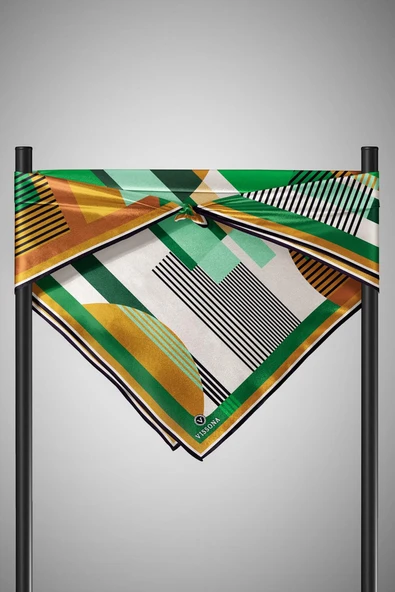 100% Twill İpek Geometrik Desenli Zümrüt Yeşili - Hardal Renkli 90x90 Dikim Şekli : El Dikişi Eşarp - Resim 5