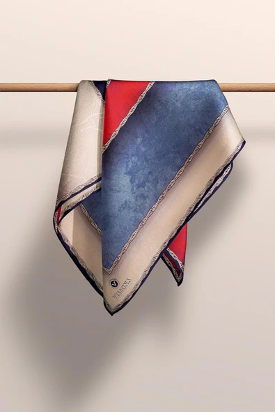 %100 Twill İpek Dokulu Geometrik Desenli Bordo - İndigo Renkli 90x90 Eşarp Dikim Şekli : El Dikişi - Resim 6