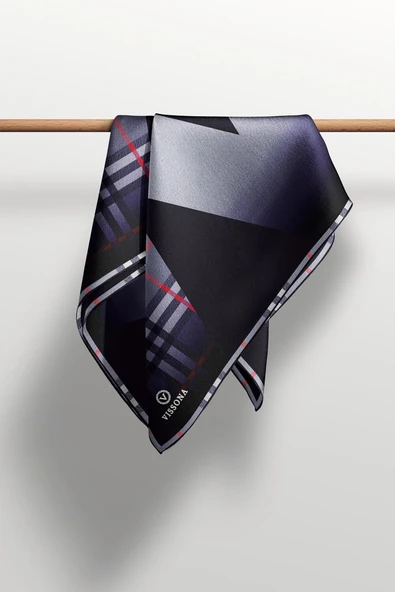 % 57 İPEK % 43 VİSKON Twill İpek Ekose Desenli Gri - Siyah Renkli 90x90 Eşarp Dikim Şekli : El Dikişi - Resim 5