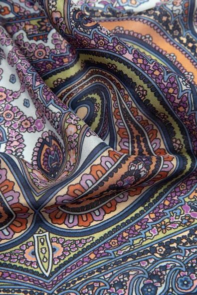 100% İPEK ETRO DESENLİ BEBE MAVİSİ - TABA RENKLİ ŞAL - Resim 3