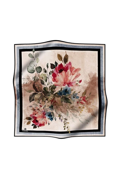 %100 Twill İpek Bahar Çiçekleri Desenli Siyah - Haki Renkli 90x90 Eşarp Dikim Şekli : El Dikişi - Resim 2