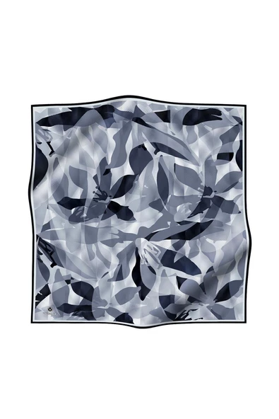 %100 Twill İpek Çiçek Desenli Gri - Siyah Renkli 90x90 Eşarp Dikim Şekli : El Dikişi - Resim 2