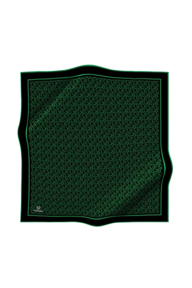 %100 Twill İpek Harf Desenli Siyah - Benetton Yeşili Renkli 90x90 Eşarp Dikim Şekli : El Dikişi - Resim 2