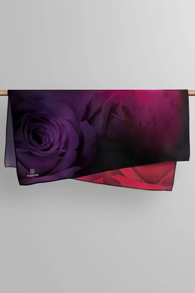 %100 Twill İpek Gül Desenli Kırmızı - Lacivert Renkli 90x90 Eşarp Dikim Şekli : El Dikişi - Resim 6