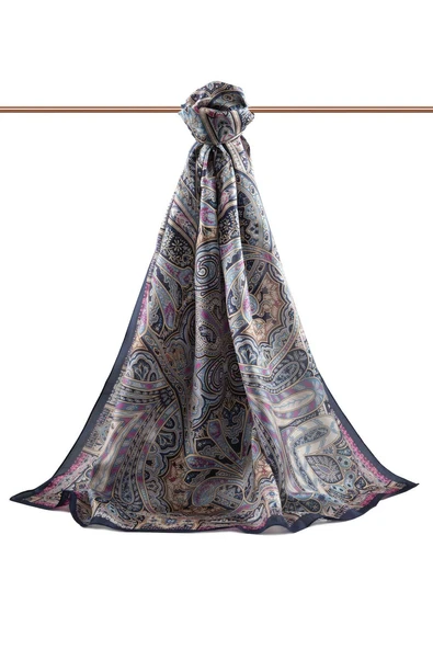 100% İpek Etro Desenli Lacivert - Gold Renkli 92x210 Şal - Resim 2