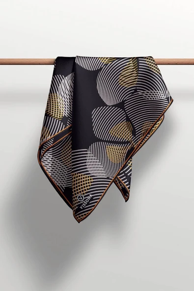 %100 Twill İpek Çizgili Çiçek Desenli Taba - Siyah Renkli 90x90 Eşarp Dikim Şekli : El Dikişi - Resim 5