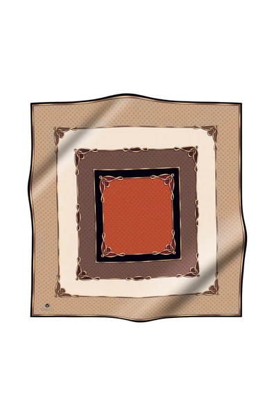 %100 Twill İpek Puantiyeli ve Geometrik Desenli Bej - Taba Renkli 90x90 Eşarp Dikim Şekli : El Dikişi - Resim 2