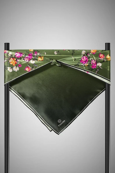 %100 Twill İpek Sonsuz Çiçek Desenli Haki Renkli 90x90 Eşarp Dikim Şekli : El Dikişi - Resim 3