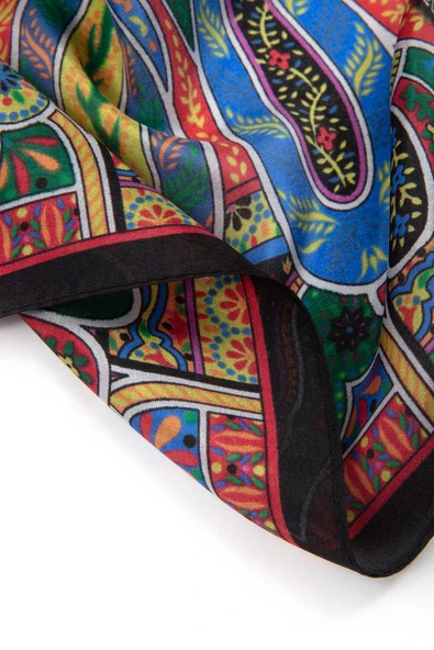 100% İpek Etro Desenli Siyah - Fıstık Yeşili Renkli 92x210 Şal - Resim 4