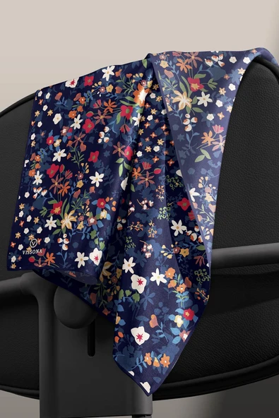 %100 Twill İpek Çıtır Çiçek Desenli Lacivert - Kırmızı Renkli 90x90 Eşarp Dikim Şekli : El Dikişi - Resim 3