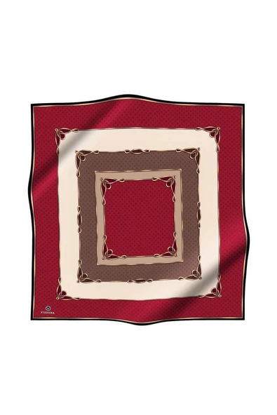 %100 Twill İpek Puantiyeli ve Geometrik Desenli Bordo - Vizon Renkli 90x90 Eşarp Dikim Şekli : El Dikişi - Resim 2