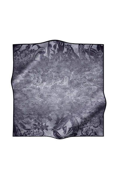 % 57 İpek % 43 Viskon Twill İpek Degradeli Yaprak  Desenli Gümüş Renkli 90x90 Eşarp Dikim Şekli : El Dikişi - Resim 2