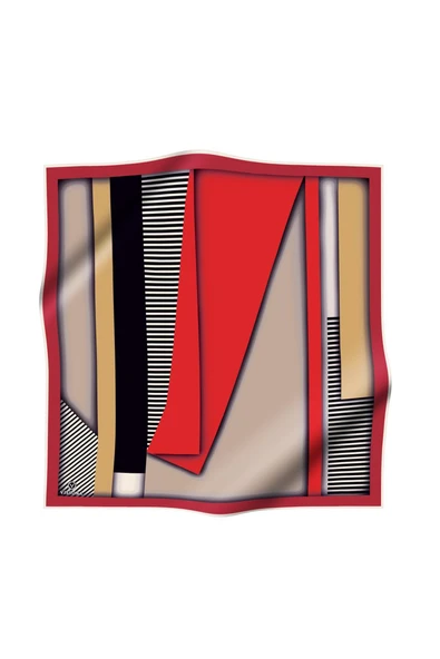%100 Twill Renk Bloklu Çizgili Desenli Kırmızı - Bej Renkli 90x90 Eşarp Dikim Şekli: El Dikişii - Resim 2