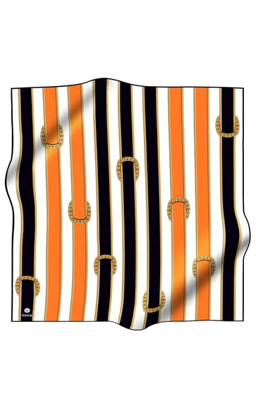 %100 Twill İpek Kemer Desenli Siyah - Turuncu Renkli 90x90 Eşarp Dikim Şekli : El Dikişi - Resim 2