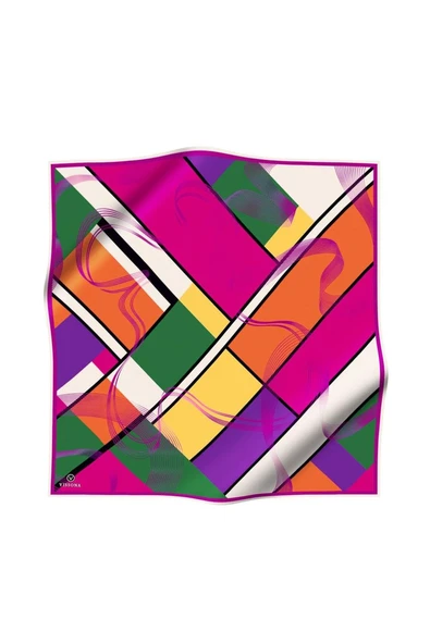 %100 Twill İpek Geometrik Desenli Fuşya - Mor Renkli 90x90 Eşarp Dikim Şekli : El Dikişi - Resim 2