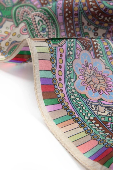 100% İpek Etro Desenli Taş Renkli 92x210 Şal - Resim 4