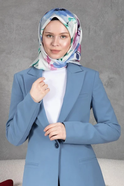 %100 Twill İpek Çiçek Desenli Gül Kurusu - İndigo Renkli 90x90 Dikim Şekli : El Dikişi Eşarp - Resim 3