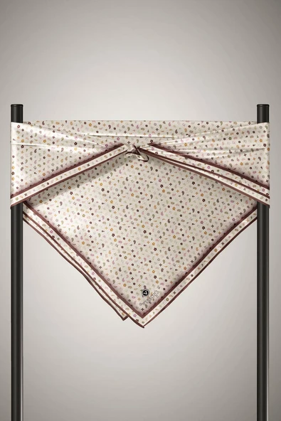 %100 Twill İpek Çıtır Desenli Krem - Kahverengi Renkli 90x90 Eşarp Dikim Şekli : El Dikişi - Resim 5