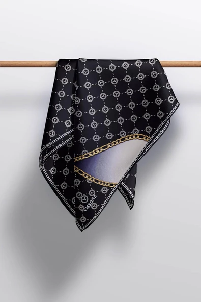 %100 Twill İpek Zincirli Ve Monogram Desenli Siyah - Krem Renkli 90x90 Eşarp Dikim Şekli : El Dikişi - Resim 5