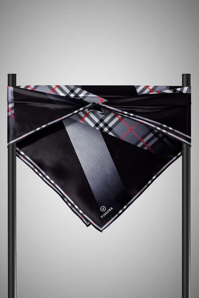 % 57 İPEK % 43 VİSKON Twill İpek Ekose Desenli Gri - Siyah Renkli 90x90 Eşarp Dikim Şekli : El Dikişi - Resim 3
