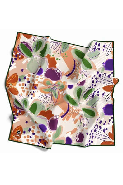 Twill Yumuşak Dokulu Çiçekli Batik Desenli Turuncu - Zümrüt Yeşili Renkli 90x90 Eşarp (İpek İçermez) Dikim Şekli : El Dikişi ürün görseli