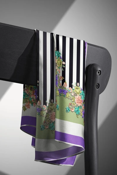 %100 Twill İpek Çıtır Çiçekli Ve Çizgi Desenli Mor - Haki Renkli 90x90 Eşarp Dikim Şekli : El Dikişi - Resim 4