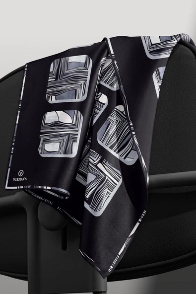 %100 Twill İpek Geometrik Kare Desenli Siyah - Beyaz Renkli 90x90 Eşarp Dikim Şekli : El Dikişi - Resim 6