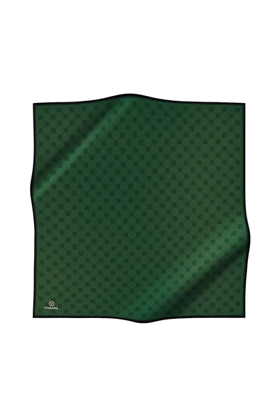 %100 Twill İpek Monogram Desenli Zümrüt Yeşili Renkli 90x90 Eşarp Dikim Şekli : El Dikişi - Resim 2