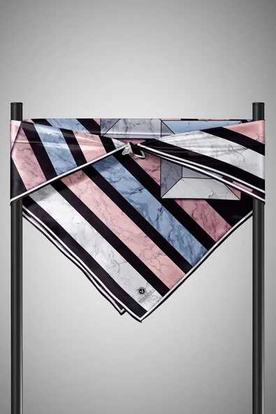 %100 Twill İpek Geometrik Mermer Desenli Pudra - Siyah Renkli 90x90 Eşarp Dikim Şekli : El Dikişi - Resim 6