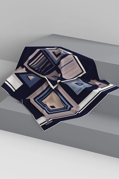 %100 Twill İpek Kare Desenli Lacivert - Vizon Renkli 90x90 Eşarp Kenar Dikiş Şekli El Dikişli - Resim 6