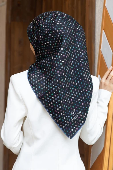 %100 Twill İpek Çıtır Motif Desenli Siyah - İndigo Renkli 90x90 Eşarp Dikim Şekli : El Dikişi ürün görseli 1