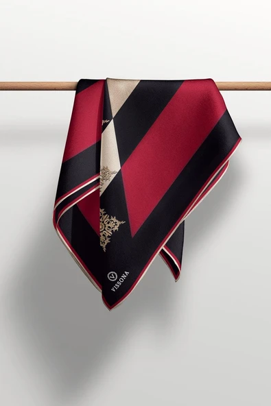 %100 Twill İpek Geometrik ve Barok Desenli Siyah - Bordo Renkli 90x90 Eşarp Dikim Şekli : El Dikişi - Resim 3